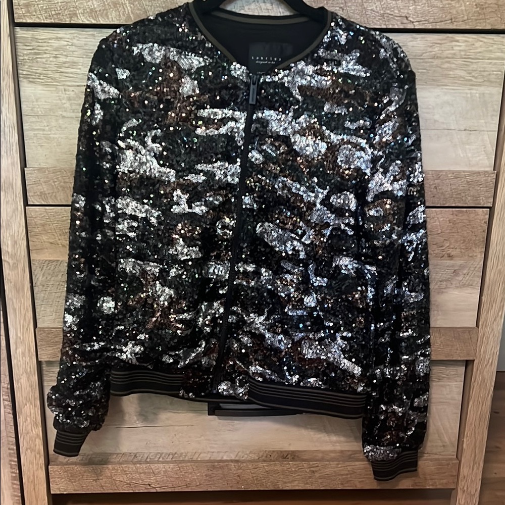 Sanctuary Black and Silver Bomber Jacket with Ribbed Accents